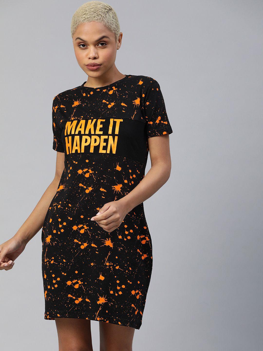 juneberry black & orange printed t-shirt dress