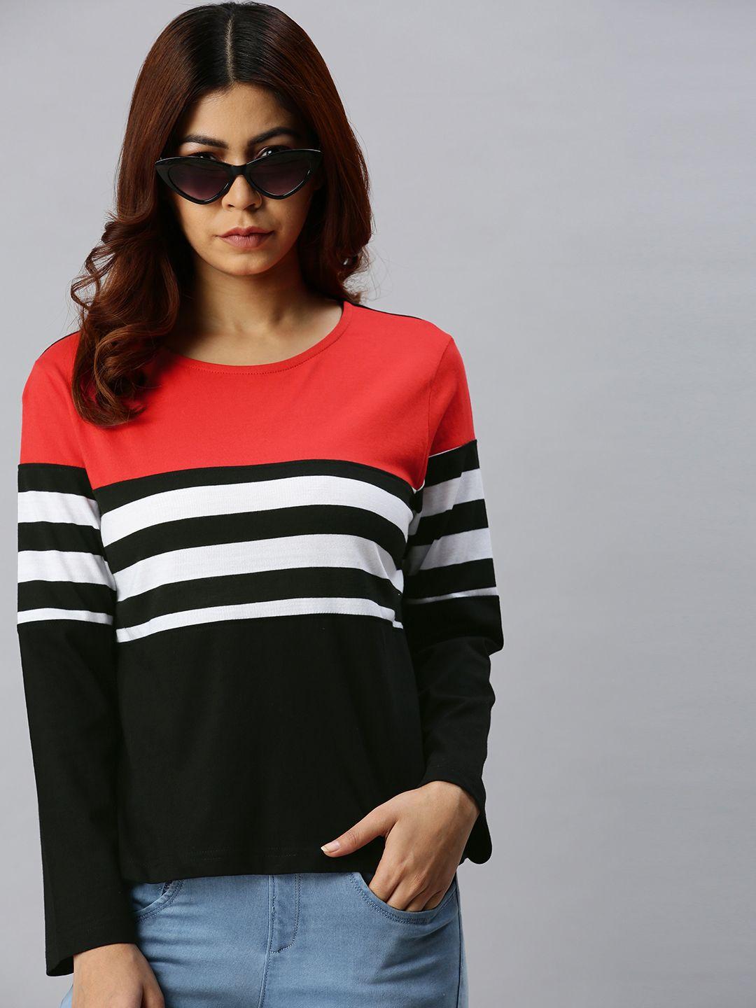 juneberry women red & black colourblocked round neck cotton t-shirt with striped detail