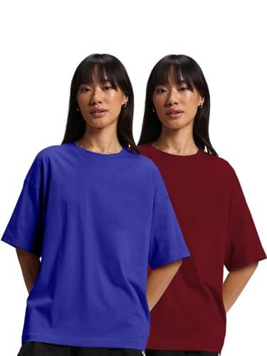juneberry® pure cotton drop shoulder oversized baggy fit half sleeve plain solid round neck multicolor t-shirt for women & girls (pack of 2) (po2_os_jb_rb_mr_l)