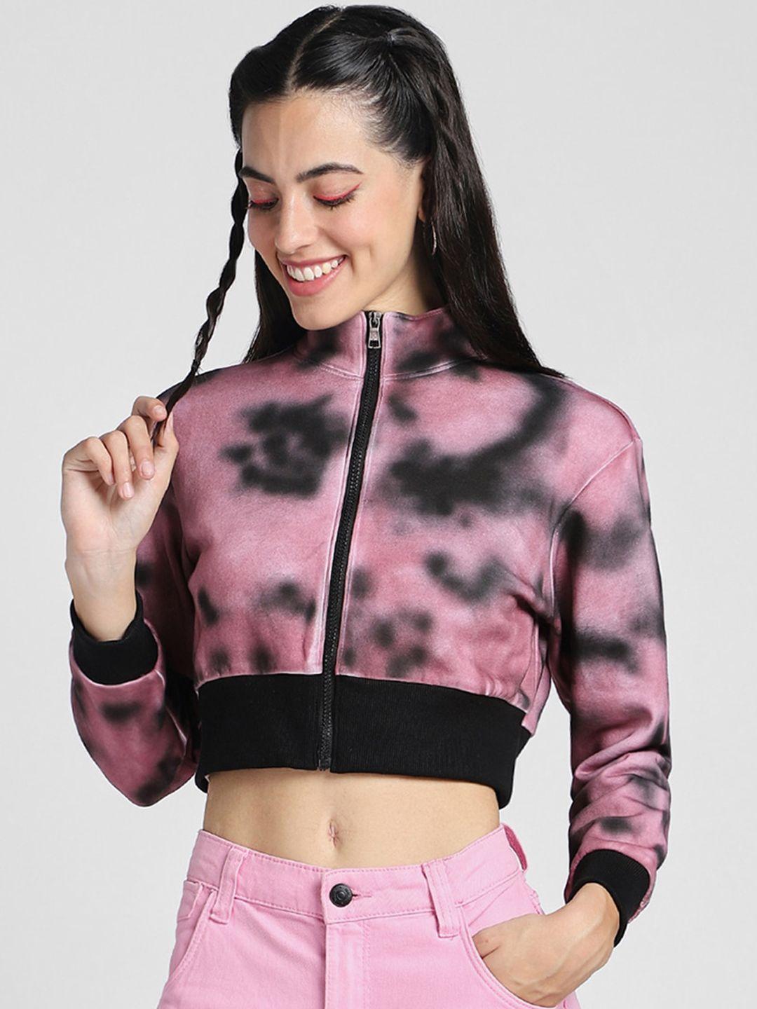 juneberry abstract printed stand collar fleece lightweight crop bomber jacket