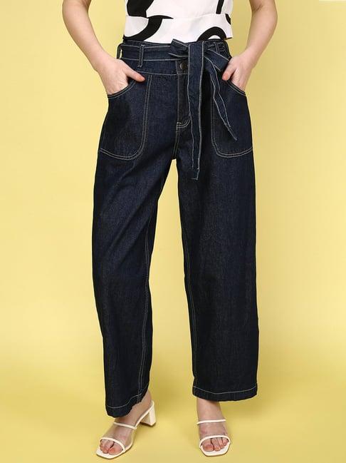 juneberry dark blue cotton relaxed fit high rise jeans