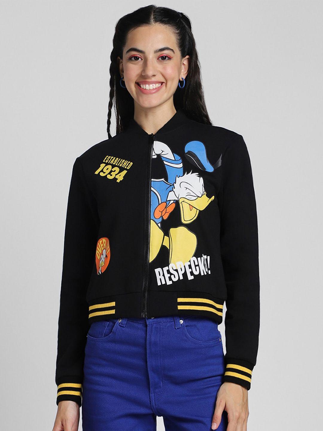 juneberry donald duck graphic printed mandarin collar fleece lightweight bomber jacket