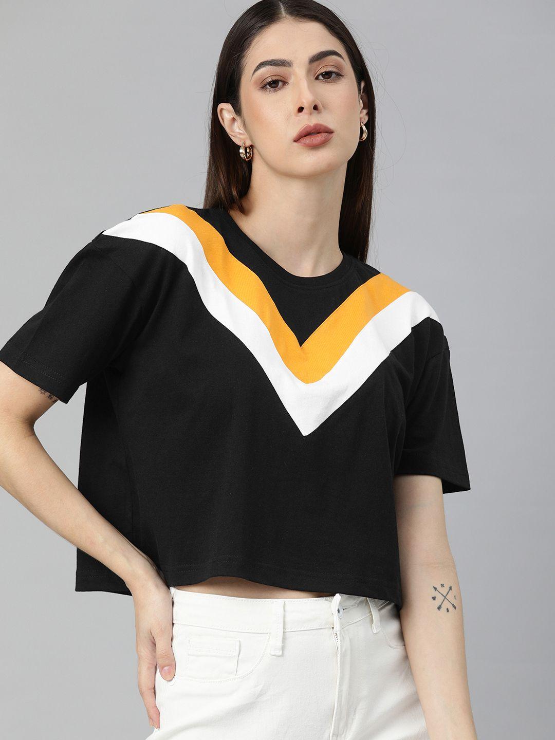 juneberry women black & yellow colourblocked crop pure cotton t-shirt