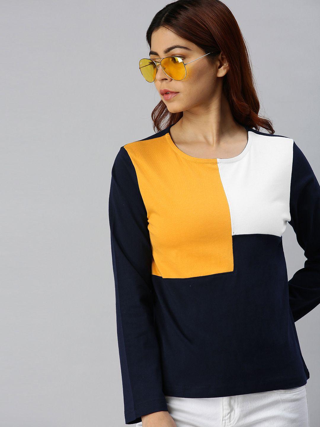 juneberry women navy blue & yellow cotton colourblocked round neck t-shirt
