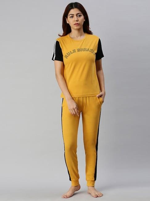 juneberry yellow cotton printed top pyjama set