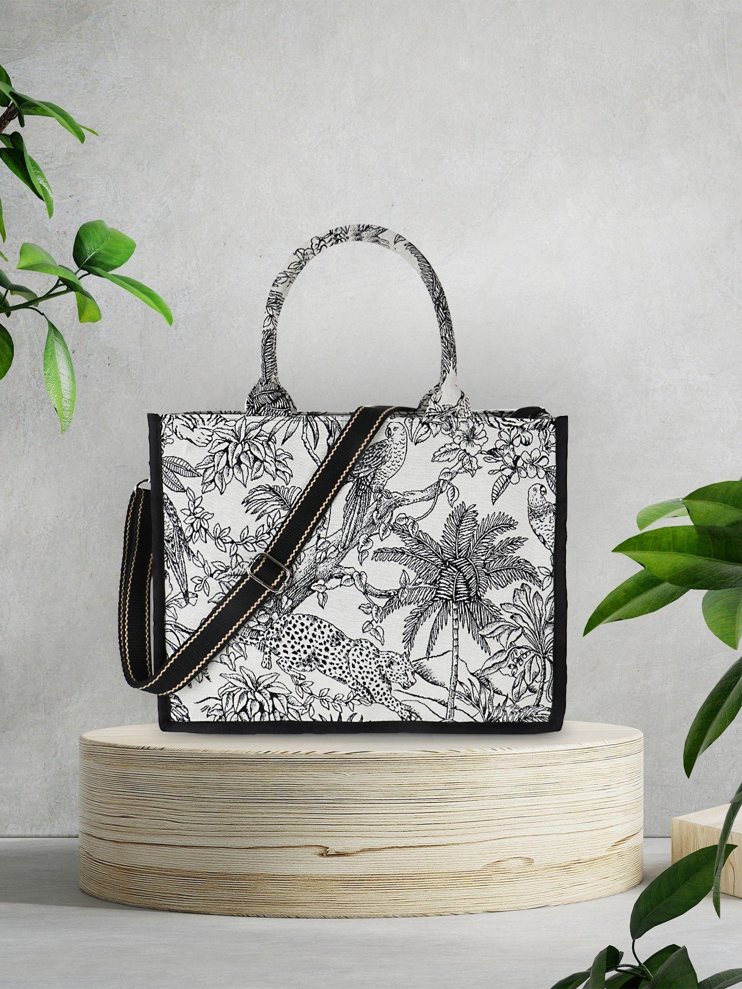 jungle white and black cotton jacquard self design handheld bag