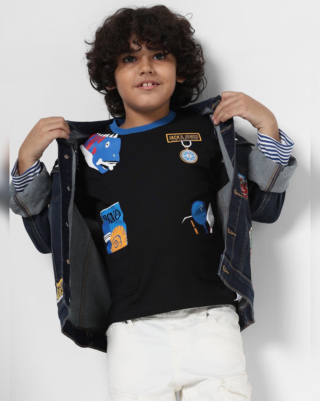 junior boys black printed crew neck t-shirt