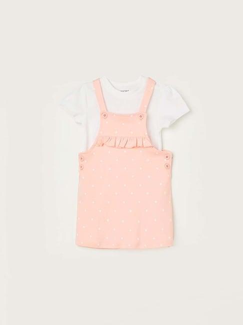 juniors by lifestyle baby pink & white cotton printed dungaree set