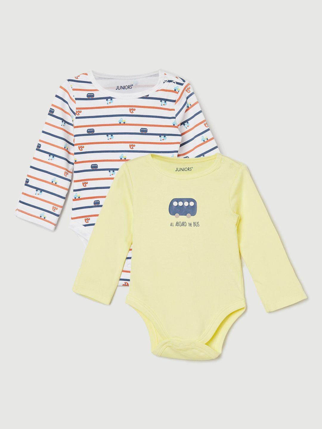 juniors-by-lifestyle-infant-yellow,-white-pack-of-2-striped-printed-pure-cotton-rompers