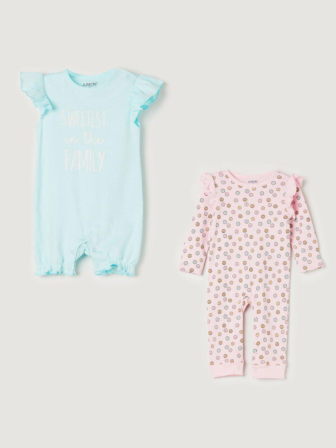 juniors by lifestyle infants pack of 2 blue & pink printed pure cotton rompers