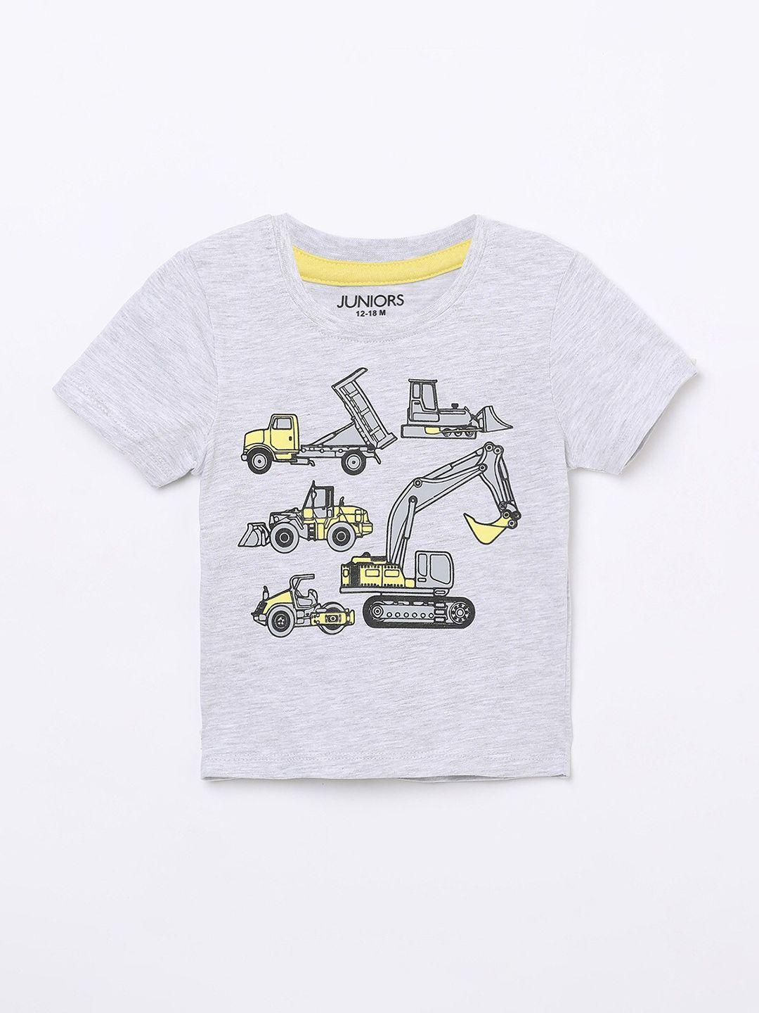 juniors boys grey & yellow printed pure cotton t-shirt