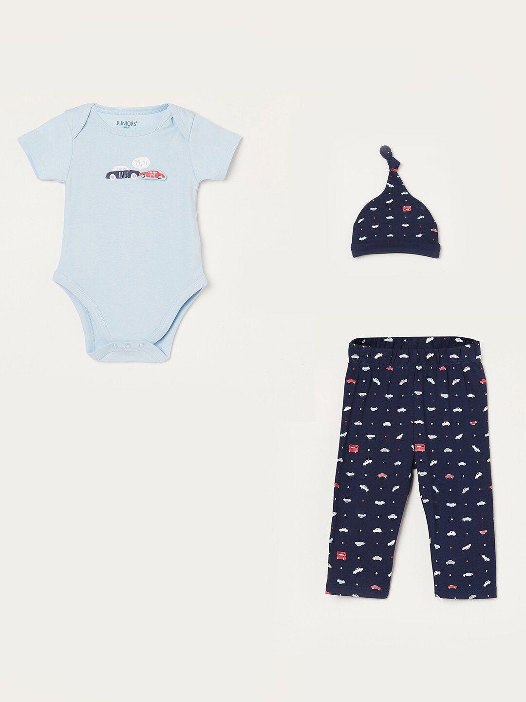 juniors by lifestyle boys printed pure cotton rompers top & trousers with cap