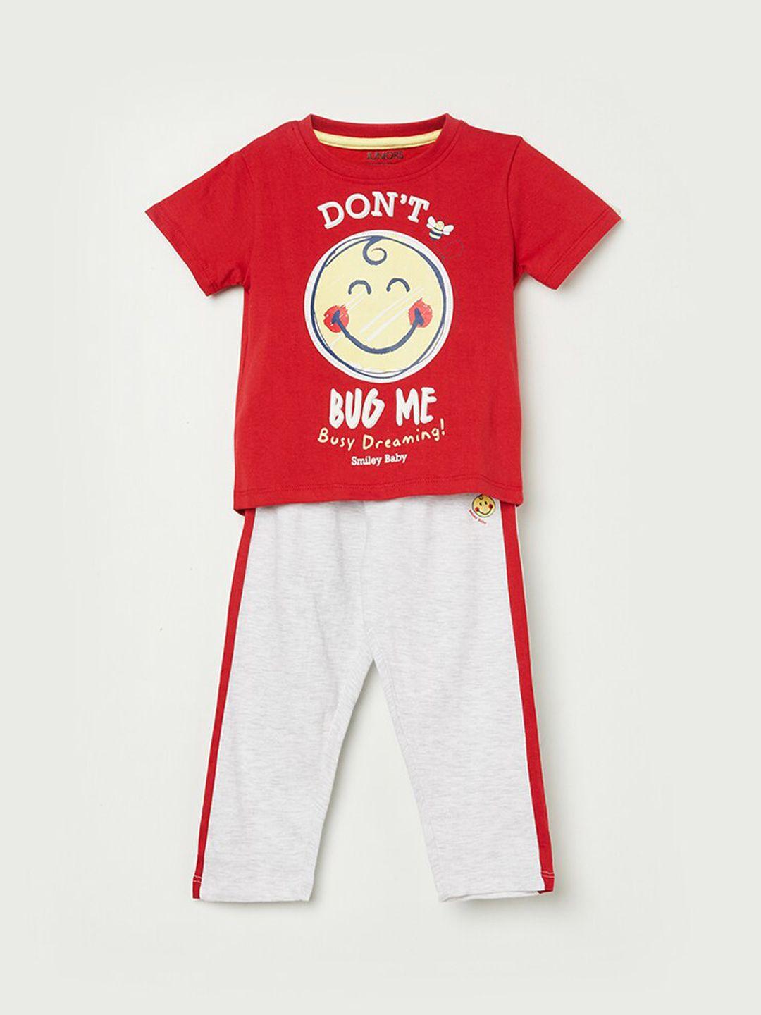 juniors by lifestyle boys red & white smiley printed pure cotton t-shirt with pyjamas