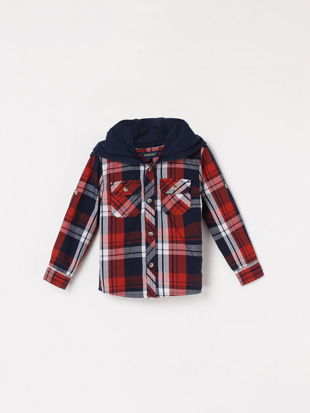 juniors by lifestyle boys tartan checked pure cotton hooded casual shirt