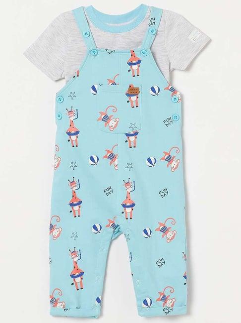 juniors by lifestyle kids blue & grey cotton printed dungarees set