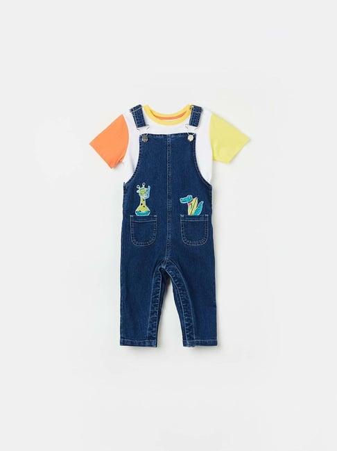 juniors by lifestyle navy & white cotton printed dungaree set