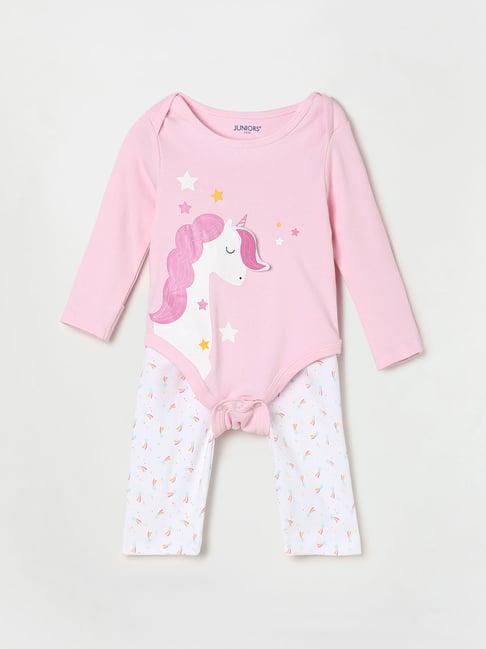 juniors by lifestyle pink & white printed full sleeves bodysuit with pyjamas