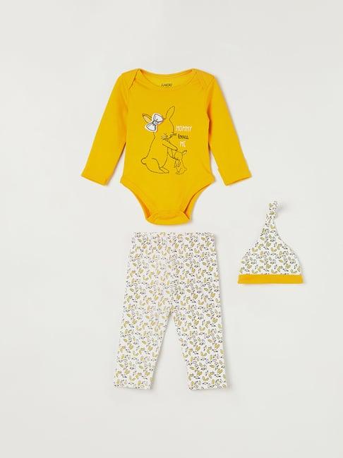 juniors by lifestyle yellow & white printed full sleeves bodysuit, pyjamas with cap