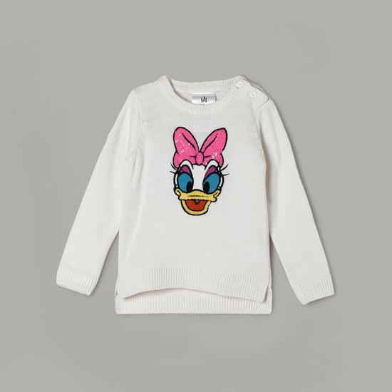juniors girls daisy duck graphic embroidered crew neck sweater