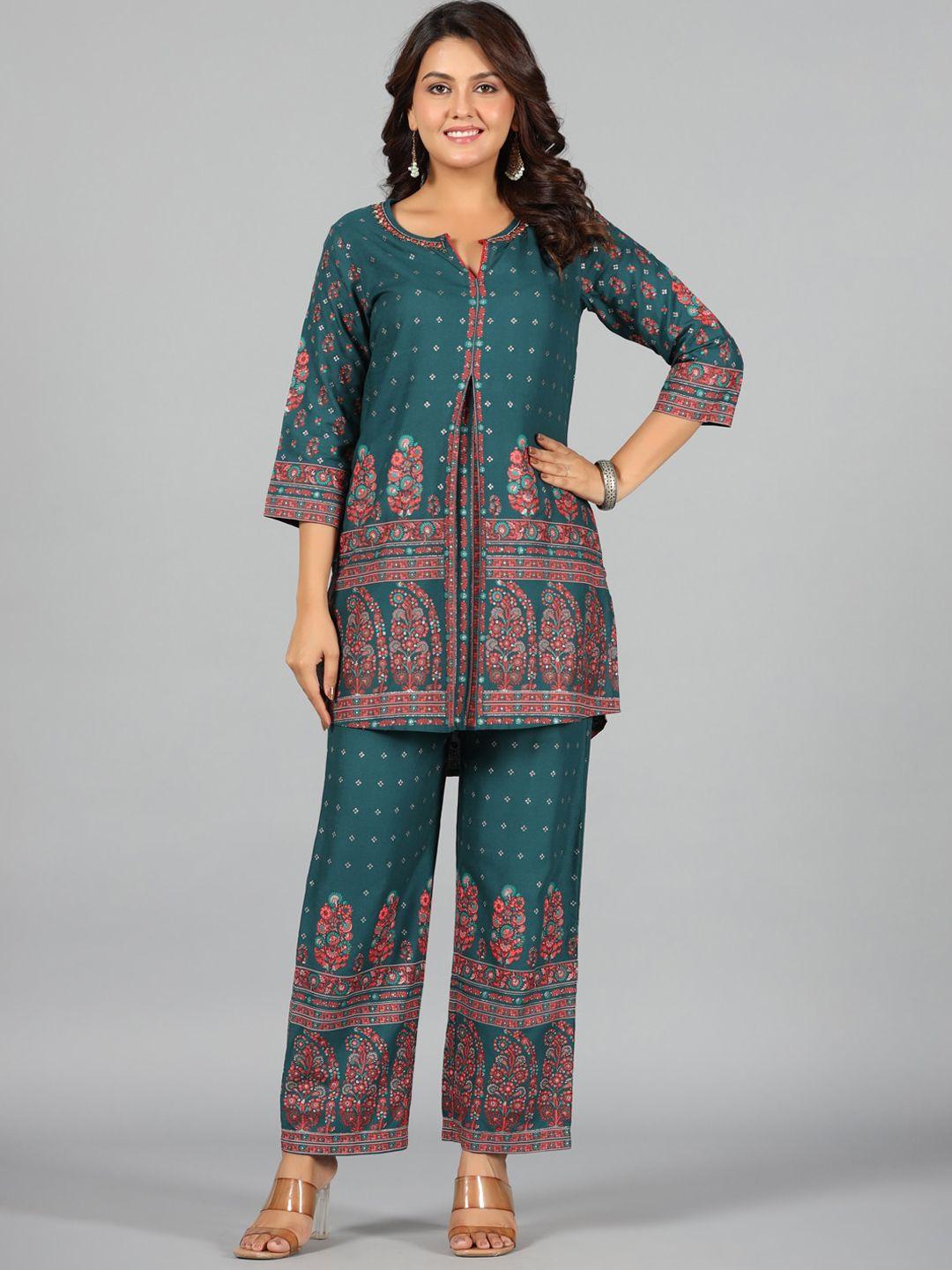 juniper ethnic motifs printed pleated beads and stones kurti with trousers