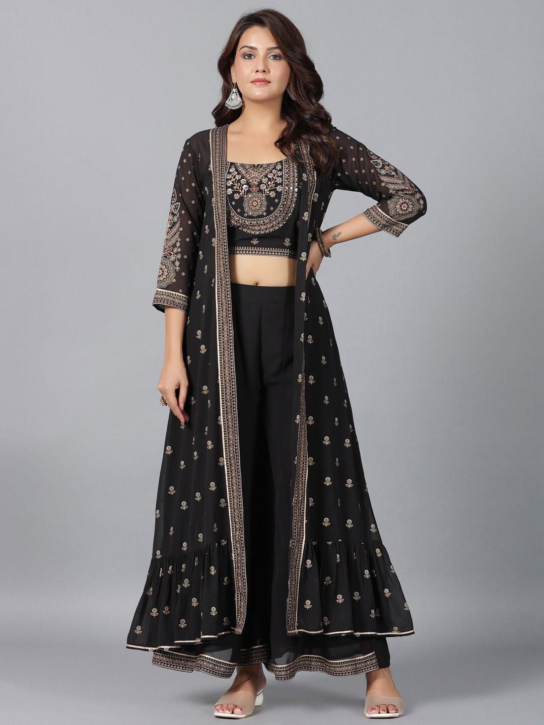 juniper ethnic motifs printed sequinned top with palazzo & shrug