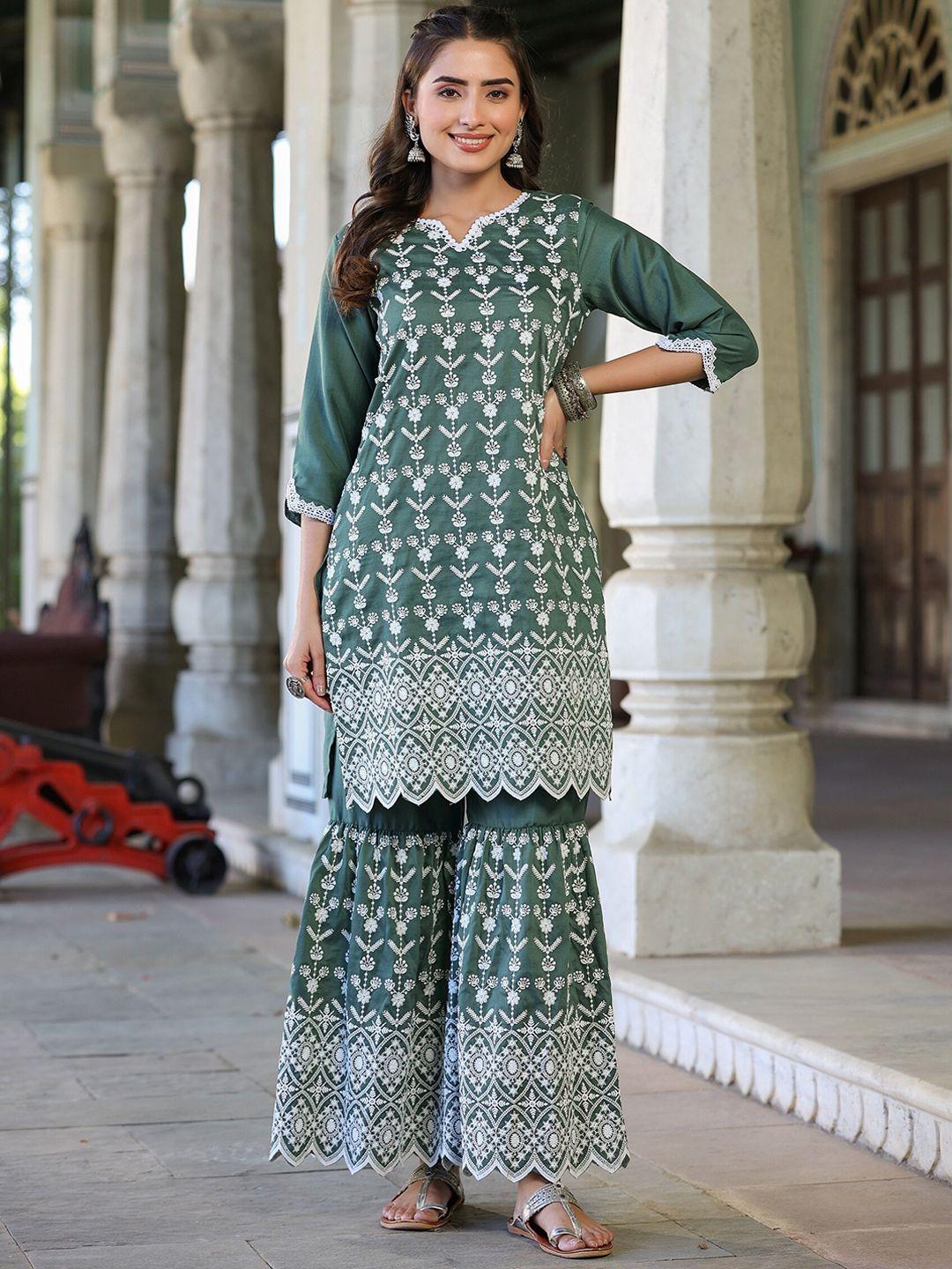 juniper floral embroidered notched neck thread work kurta with sharara