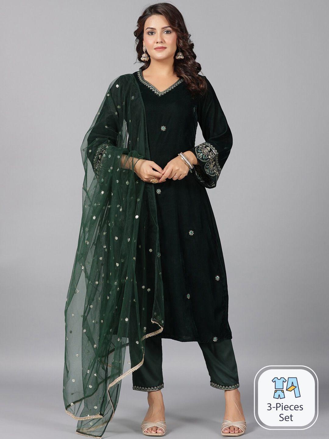 juniper floral embroidered sequinned velvet anarkali kurta with trousers & dupatta