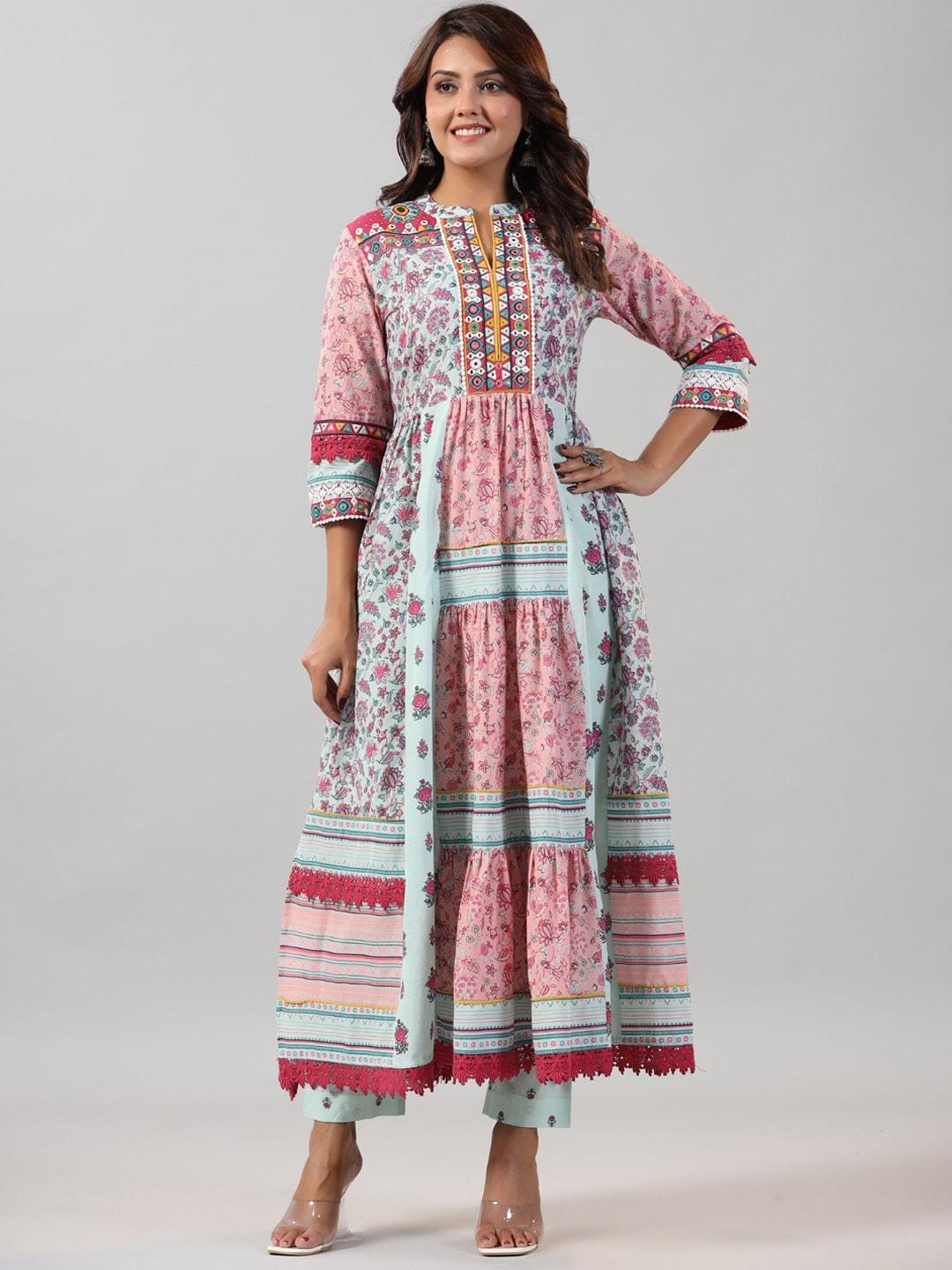 juniper floral printed high slit mirror work pure cotton kurta with trousers
