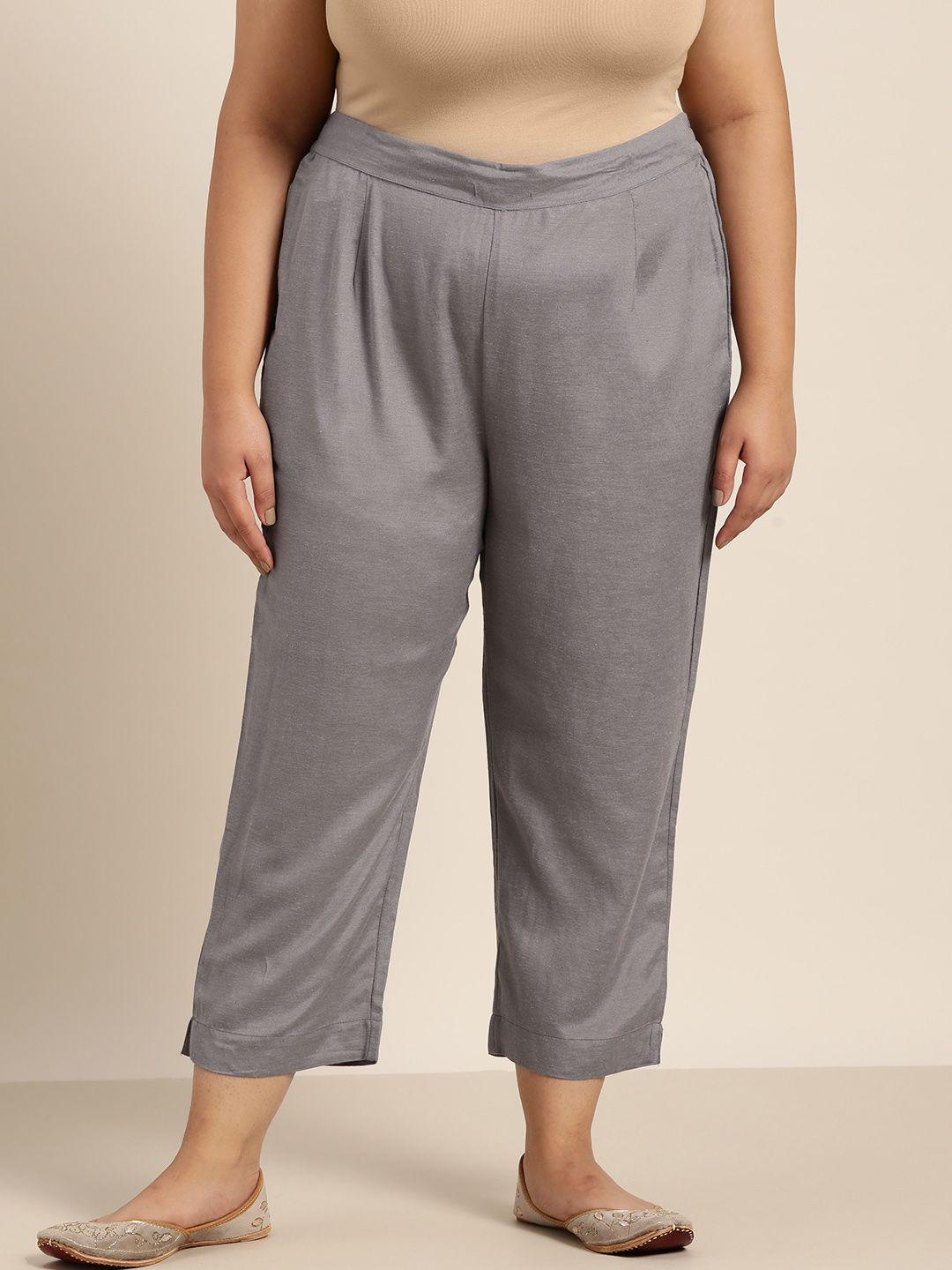juniper plus women grey solid urban slim fit trousers