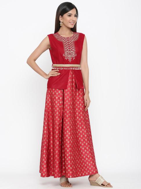 juniper red embroidery full length a-line ethnic dress