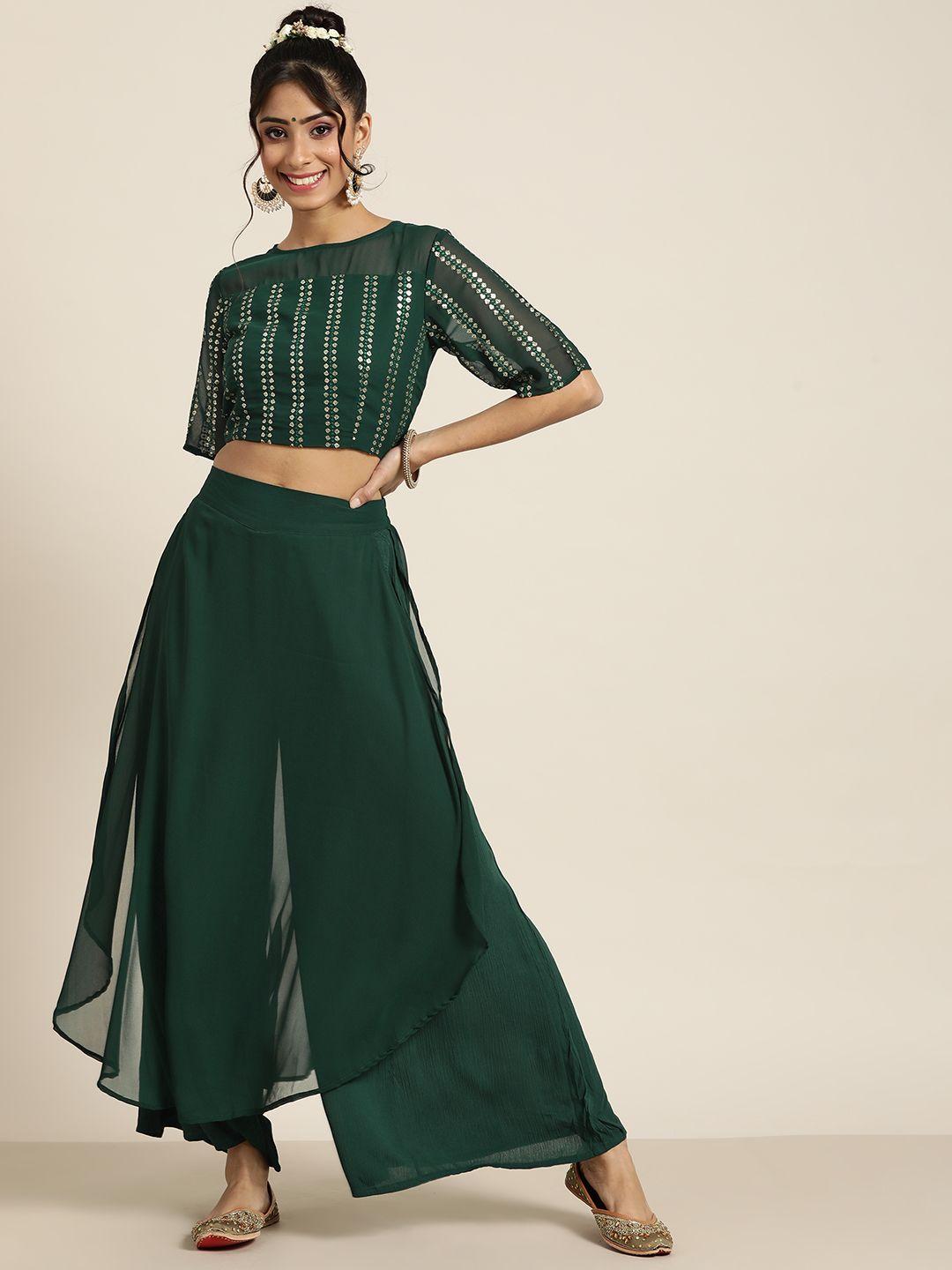 juniper women green & gold-toned printed top with palazzos
