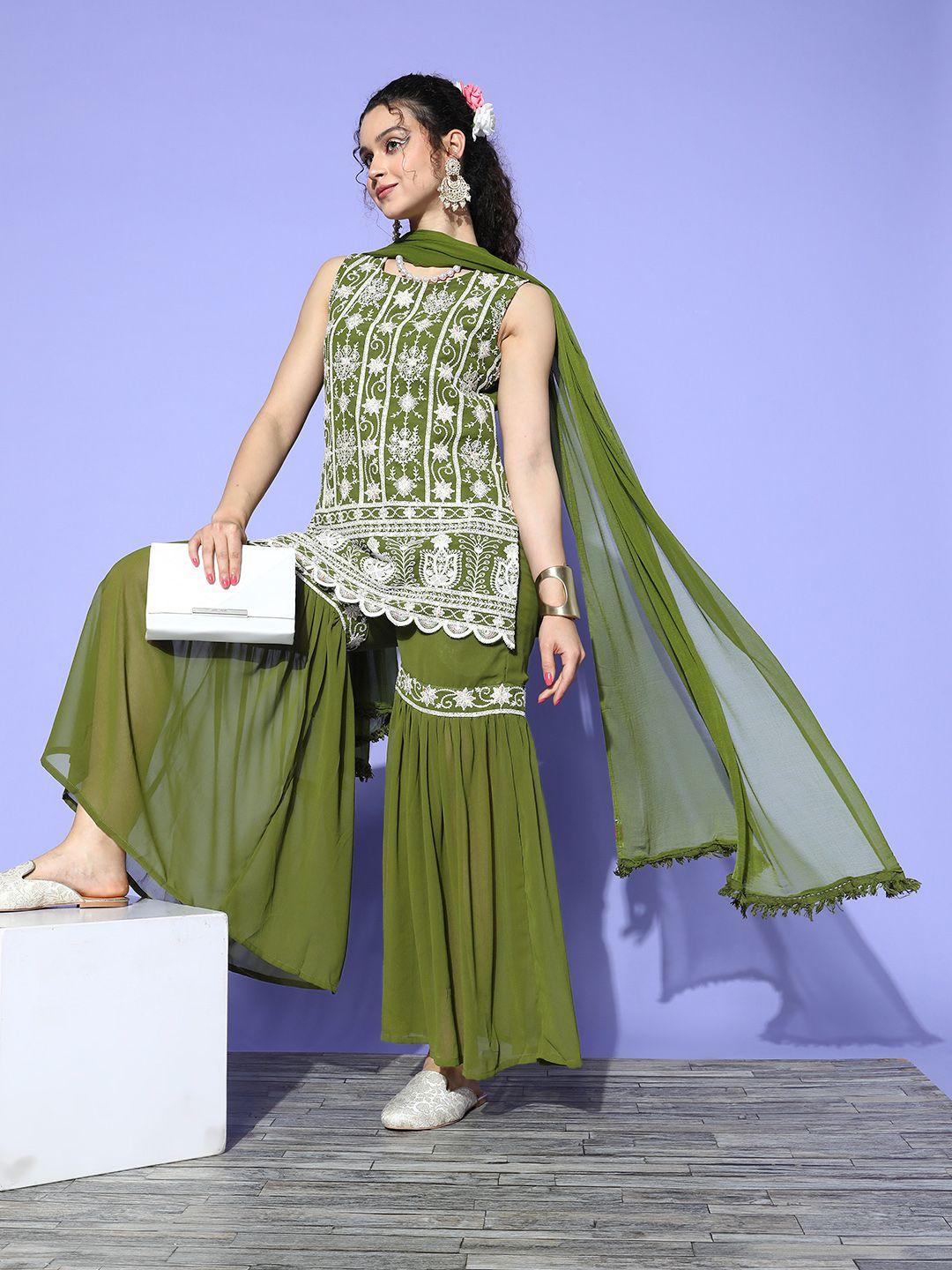 juniper women green ethnic motifs embroidered sequinned kurta with sharara & dupatta