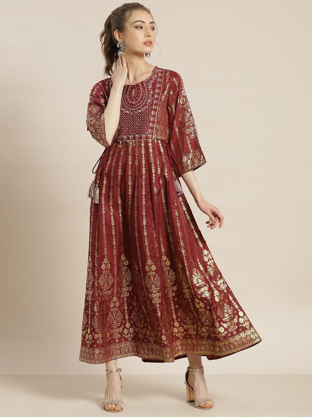 juniper-women-maroon-&-golden-ethnic-motifs-ethnic-maxi-dress