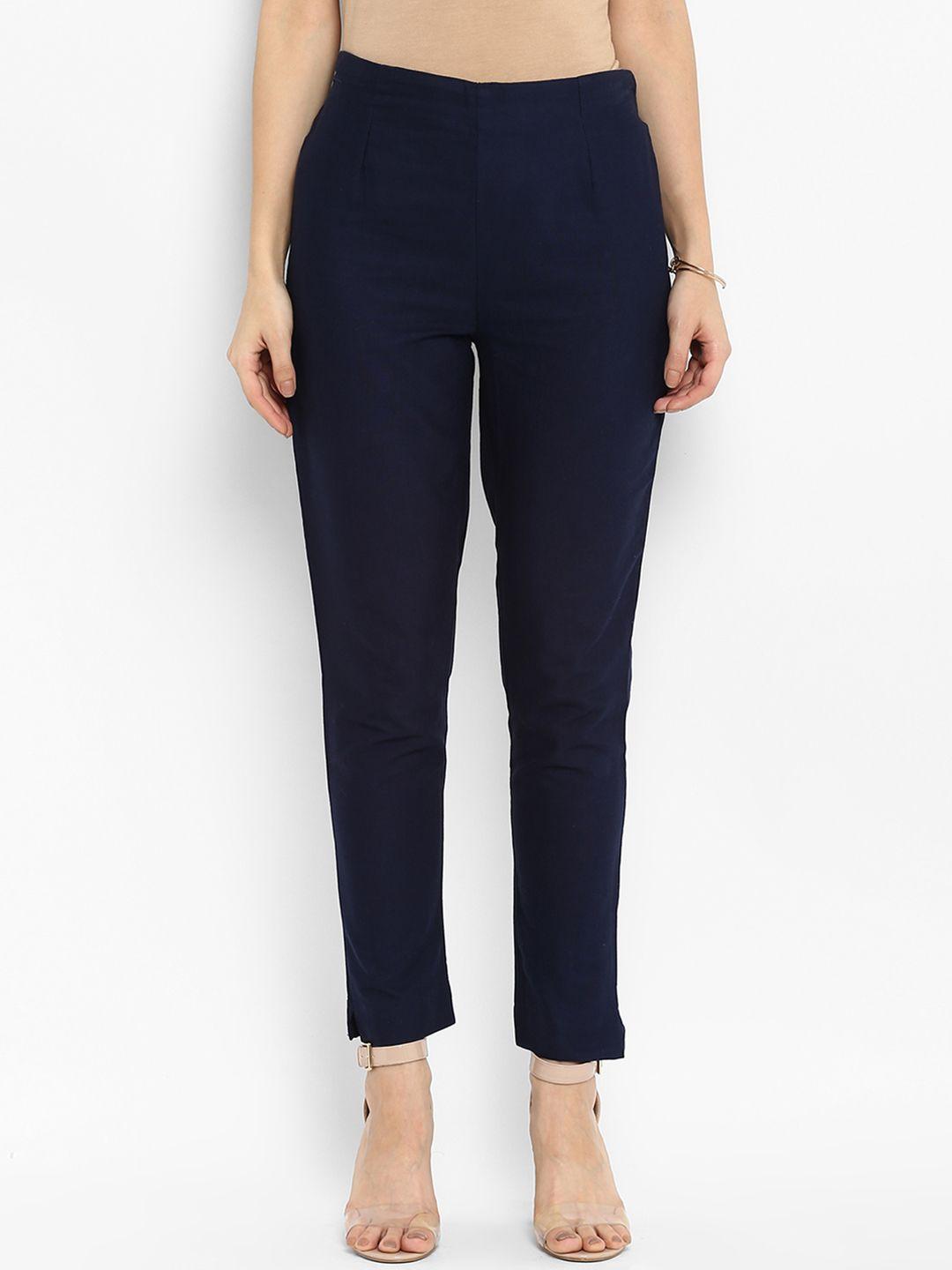 juniper women navy blue smart slim fit solid cigarette trousers