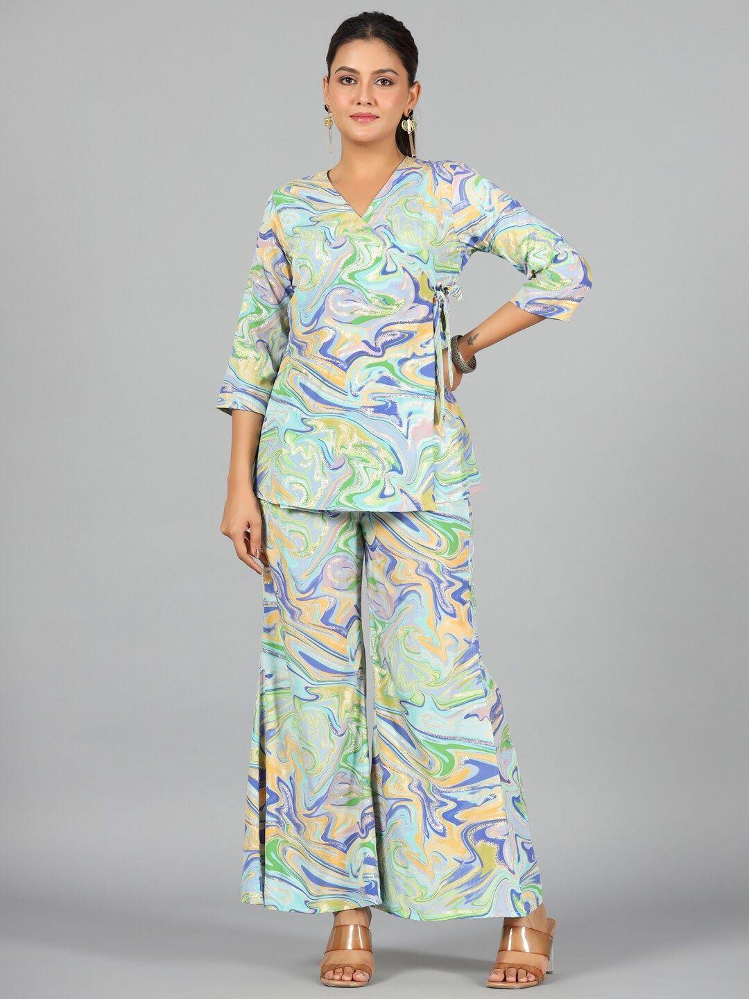 juniper abstract printed v-neck three-quarter sleeve co-ords set