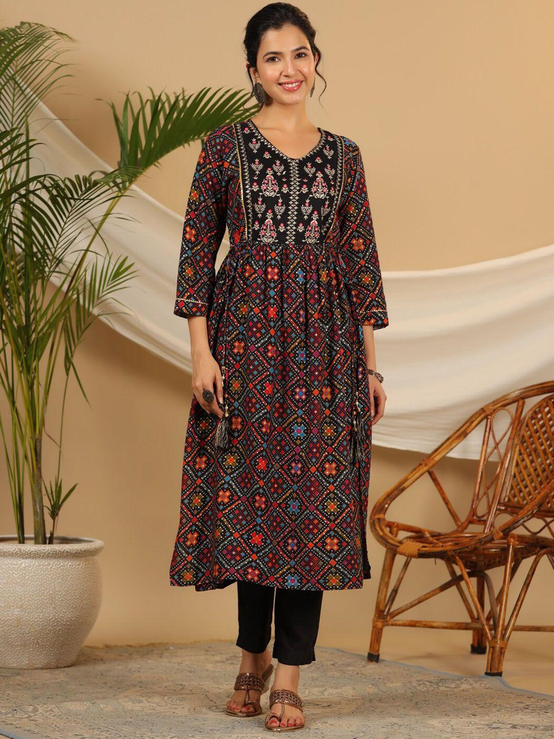 juniper bandhani printed gotta patti a-line kurta with trousers