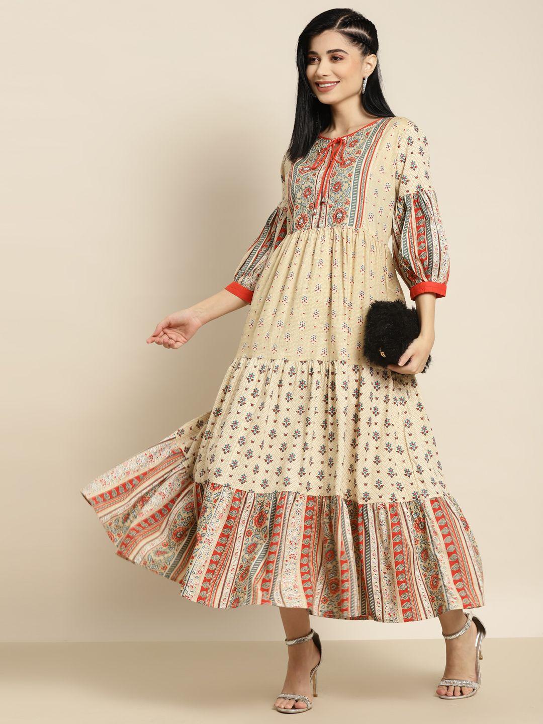 juniper beige printed tiered ethnic dress