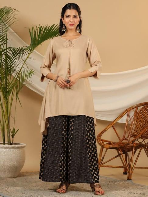 juniper beige solid printed rayon slub kurta with palazzo set