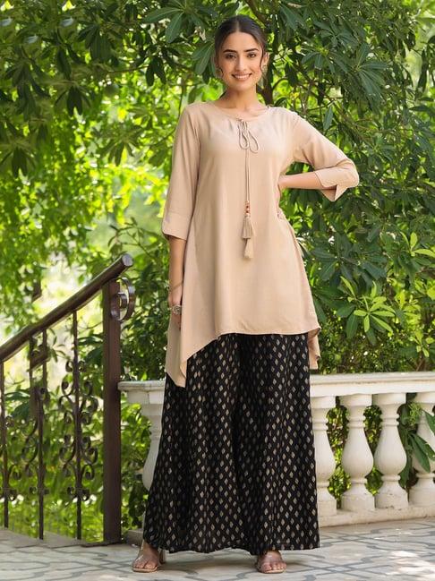 juniper beige solid rayon slub asymmetric women kurta with tie-ups