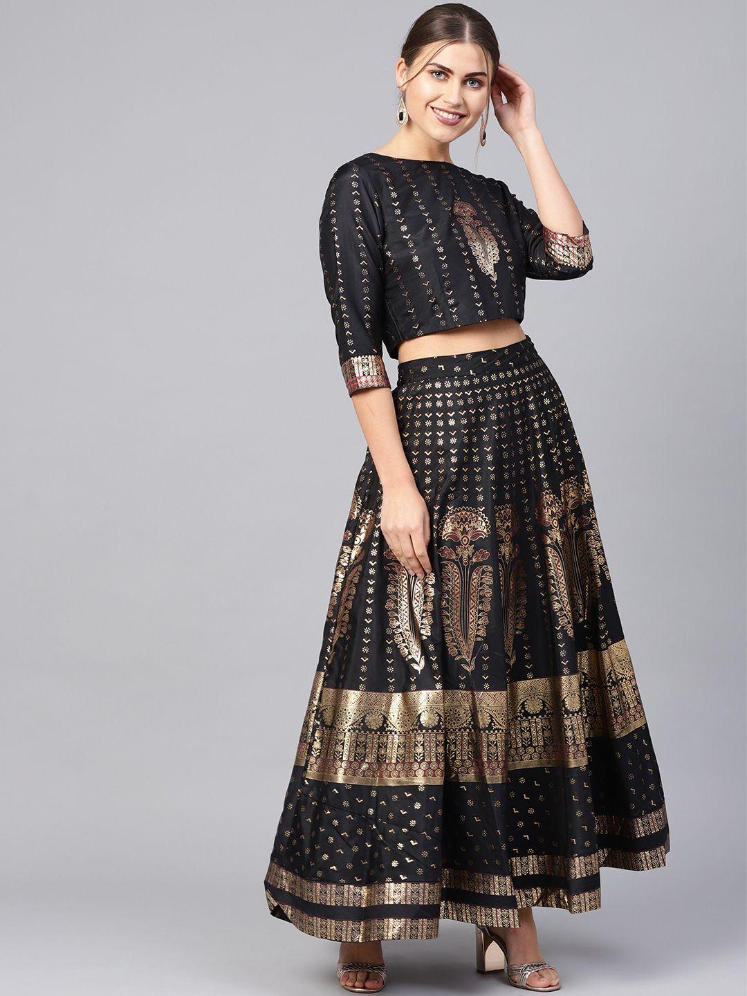 juniper black & golden foil print ready to wear lehenga with blouse