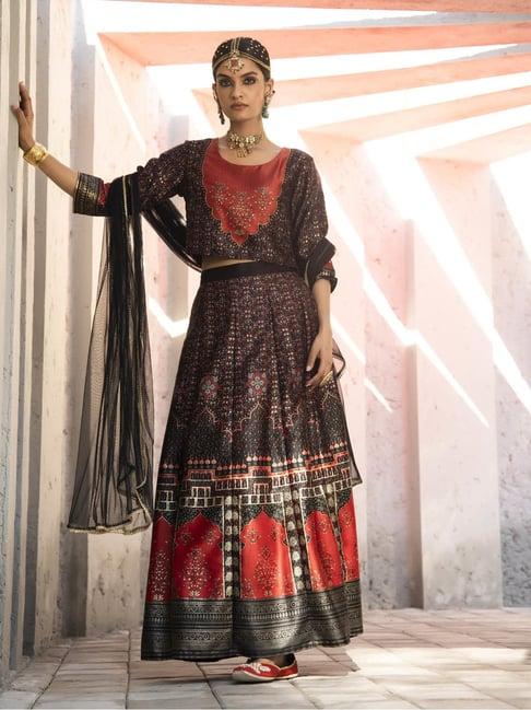 juniper black ethnic motif printed dull satin lehenga choli & net dupatta set