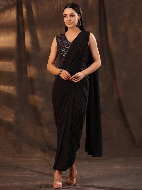 juniper black floral printed georgette embellished pre-draped saree with thread work embroidery