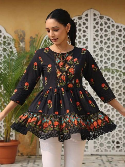 juniper black floral printed peplum pure cotton tunic with lace