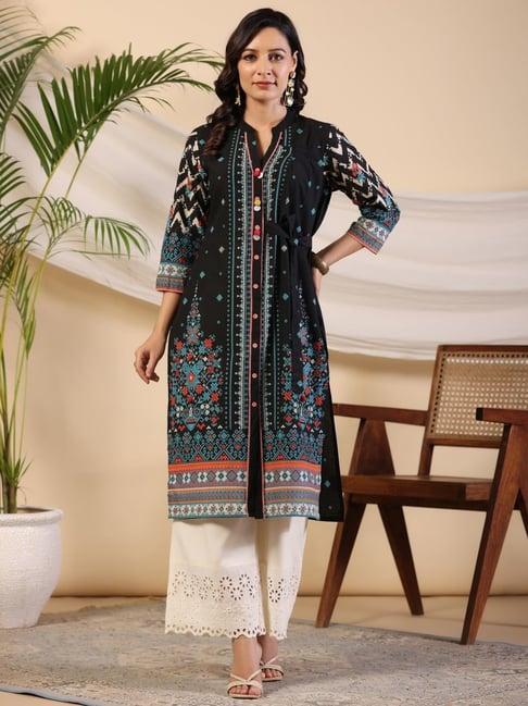 juniper black geometric printed cotton fusion kurta with contrast 3d beadwork side tie-ups & coins