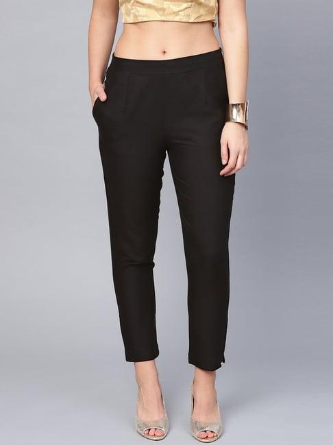 juniper black solid cotton flex slim fit women pants with two pockets