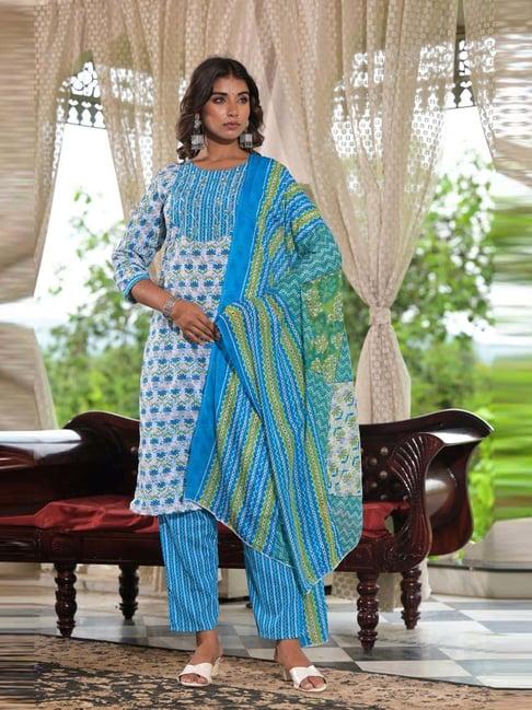 juniper blue cotton printed kurta pant set with dupatta