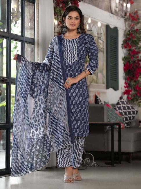 juniper blue cotton printed kurta pant set with dupatta