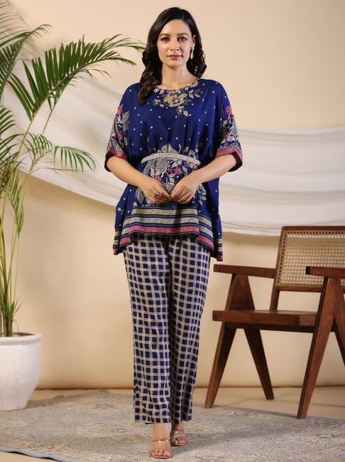 juniper blue floral print rayon kaftan co-ord set with kantha work & white beads at neckline