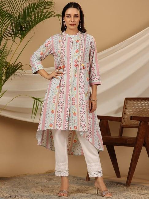 juniper blue floral printed cotton cambric kurta with sequins work