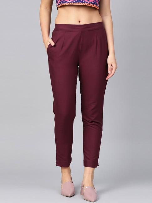 juniper burgundy solid cotton flex slim fit women pants with two pockets